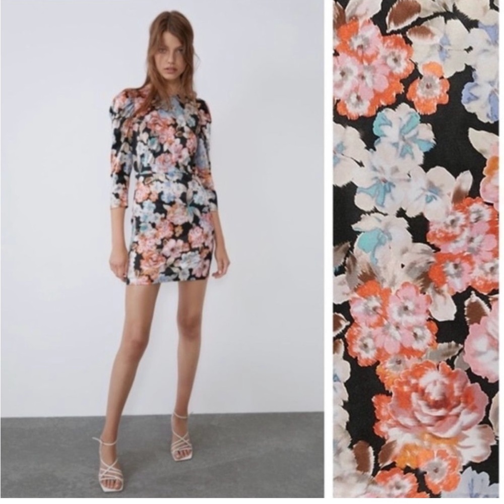 Zara Multicolor Satin Floral Mini Dress size XS